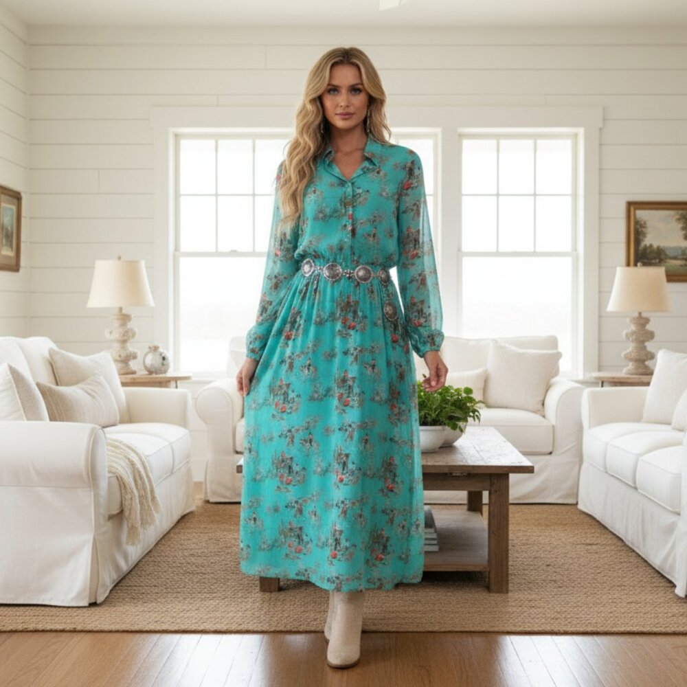 Turquoise Western Cowboy Print Maxi Dress